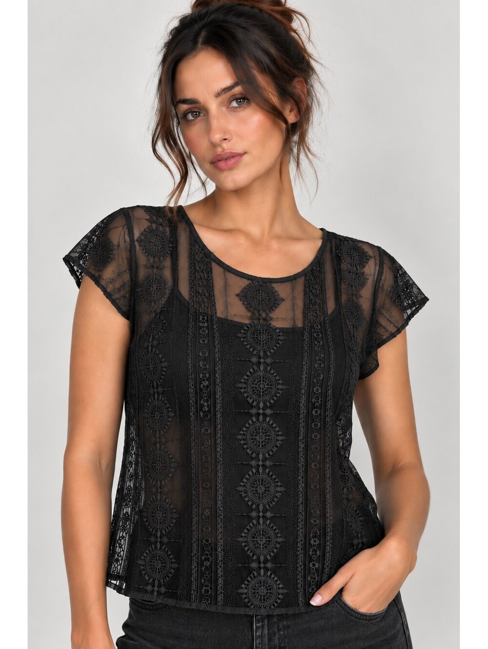 American Eagle Dark Gray Y2K Sheer Embroidered Mesh Top + Cami XS Dark Romantic